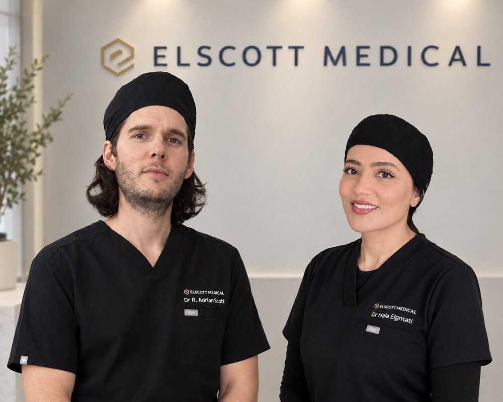 Dr Adrian Scott and Dr Hala Elgmati, Hair Transplant Doctors and co-founders of Elscott Medical Hair Transplant Clinic in Glasgow